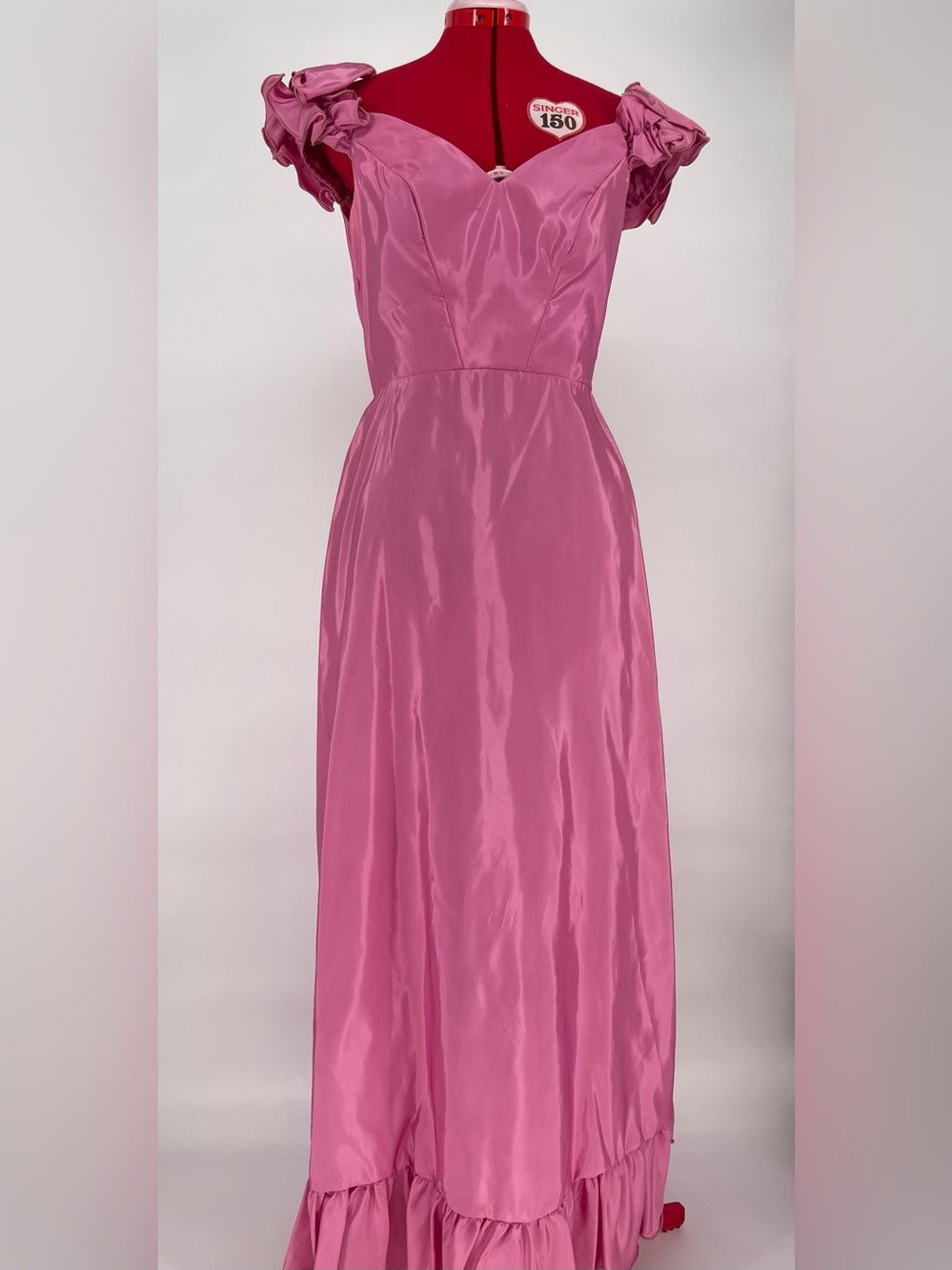 Vintage 80s Priscilla Of Boston Mauve Pink Taffeta Formal Gown Ruffled Shoulders